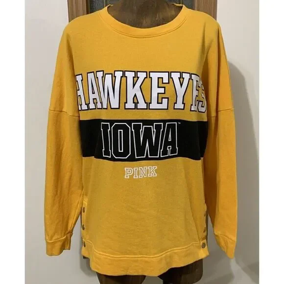 Iowa Hawkeyes Sweatshirt Pink Victoria’s Secret Relaxed Fit Size Small Yellow - Picture 1 of 7